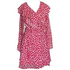 Free People Red White Abstract Print Ruffle V Neck Long Sleeve Wrap Dress M